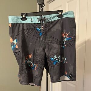 O'Neill Tropical Print Swim Board Shorts - Gray and Blue